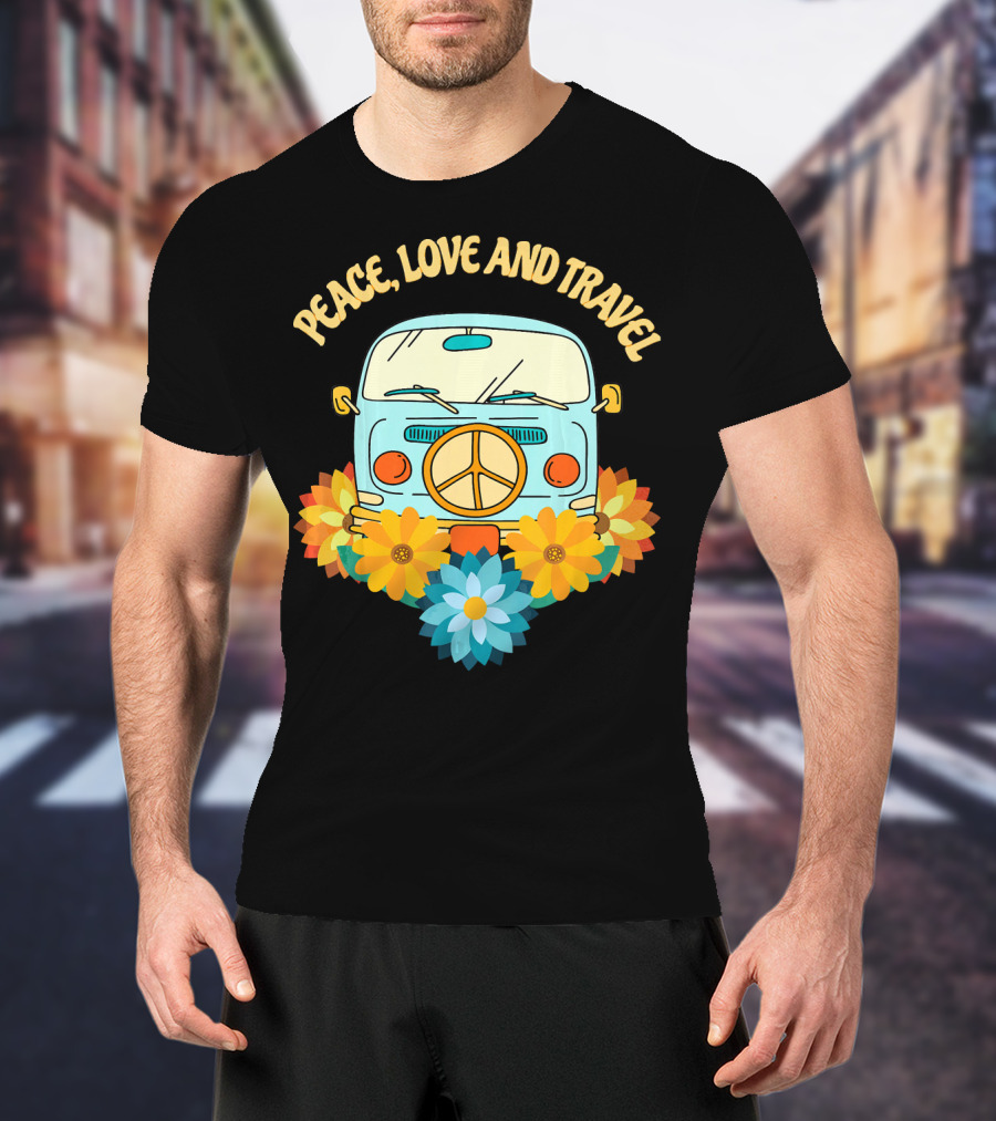 Peace Love And Travel Retro Hippie Van With Flowers T-Shirt