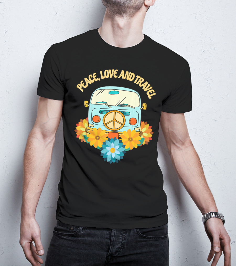 Peace Love And Travel Retro Hippie Van With Flowers T-Shirt
