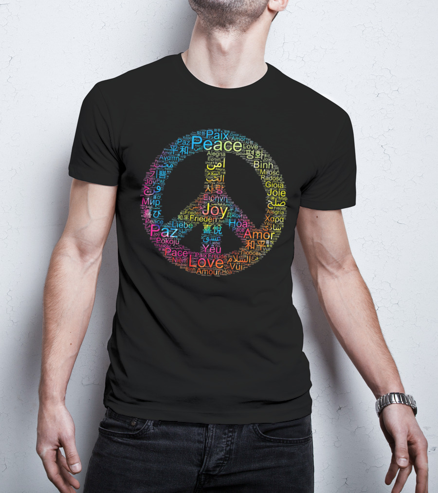 Peace Love Joy Multilingual Peace Symbol Text T-Shirt