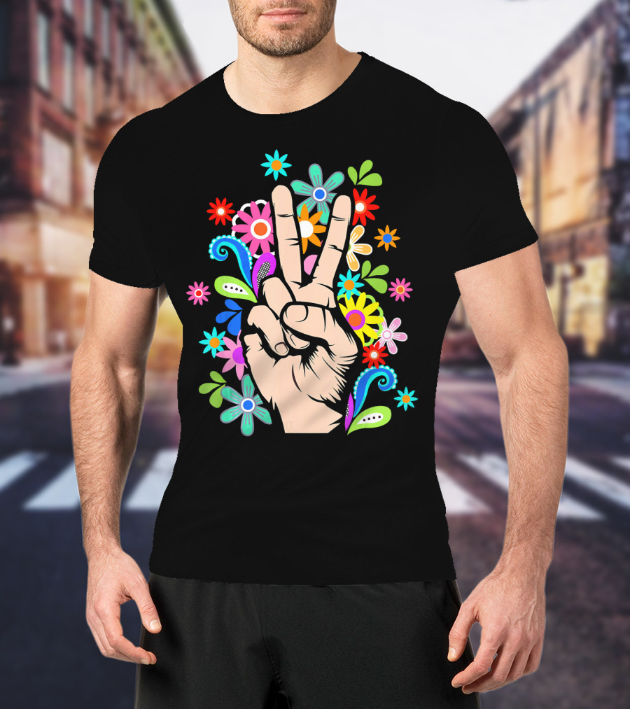 Hippie Cool Hand Peace Sign Surrounded By Colorful Flowers T-Shirt