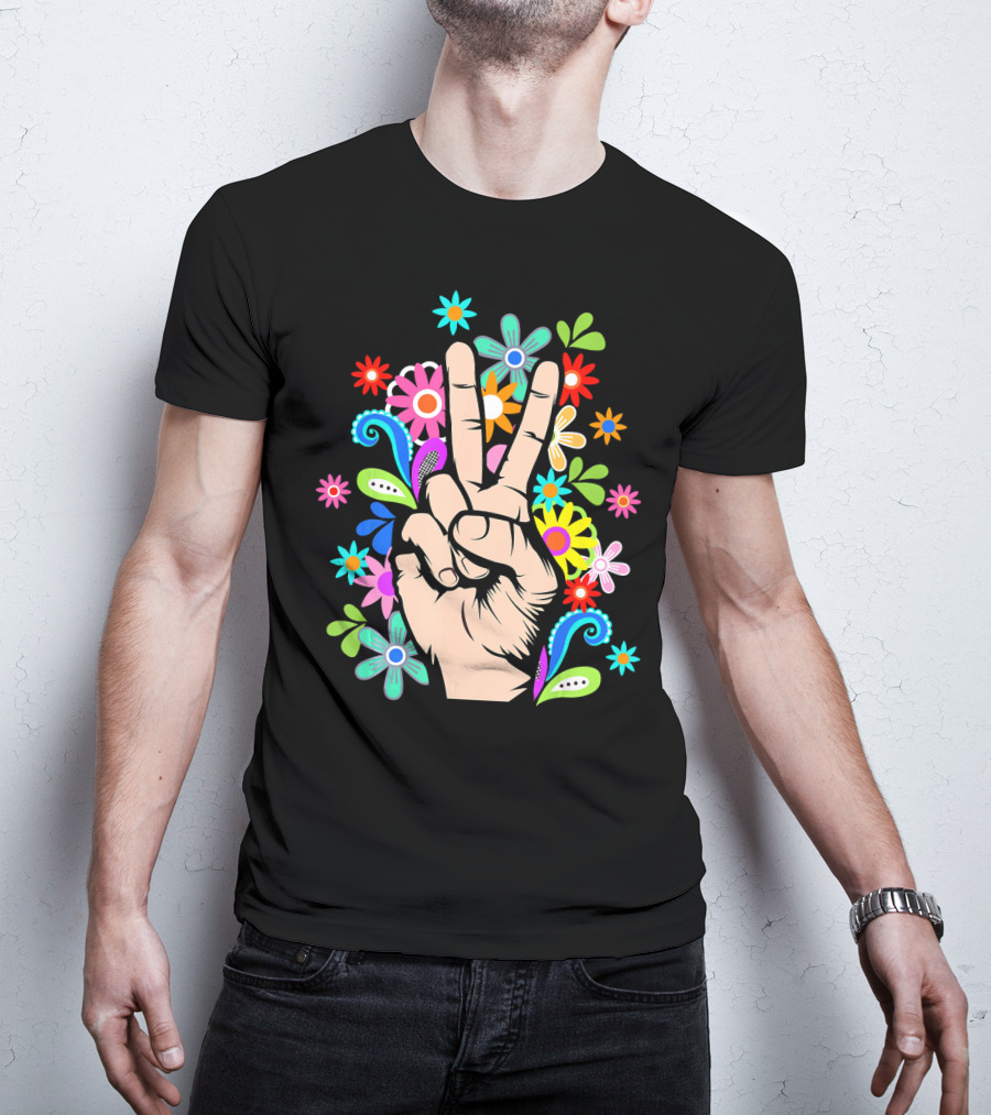 Hippie Cool Hand Peace Sign Surrounded By Colorful Flowers T-Shirt