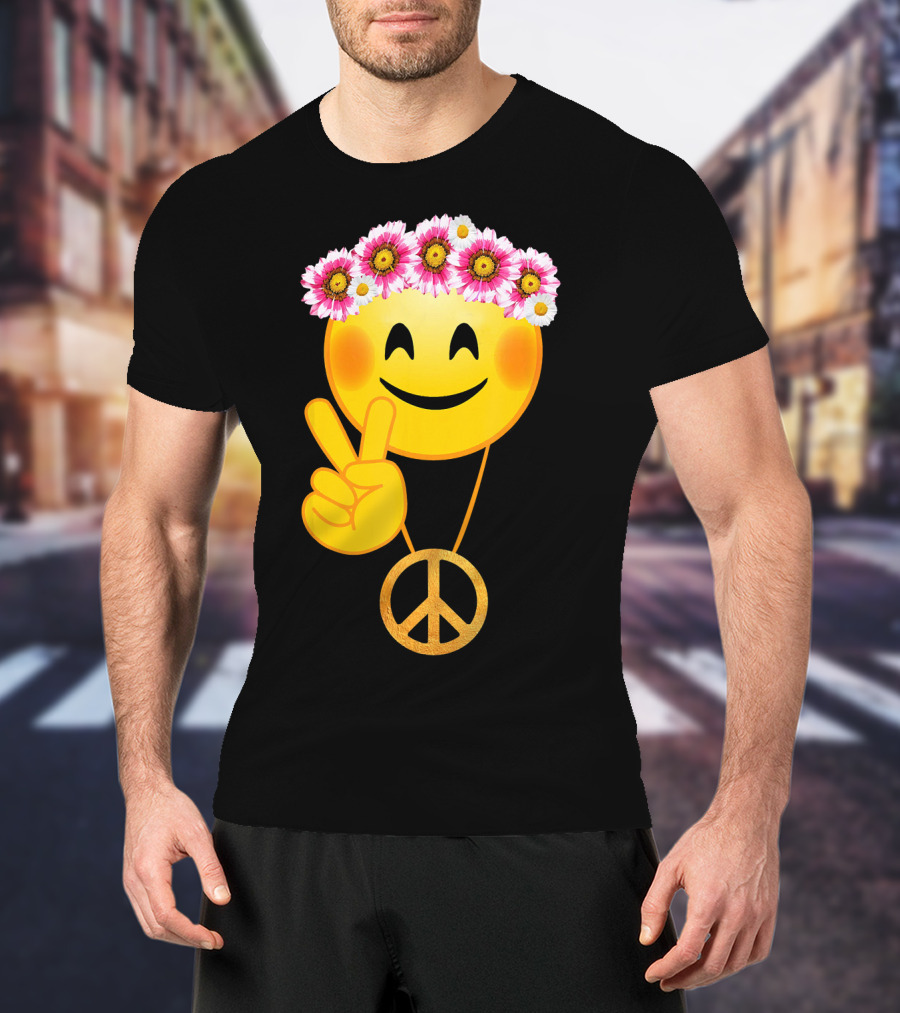Peace Sign Smiley Face Flower Crown Hippie Necklace T-Shirt