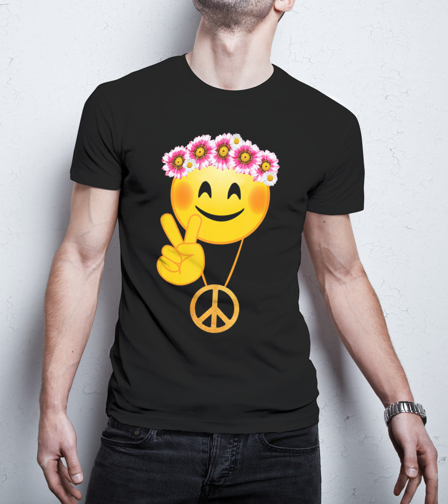 Peace Sign Smiley Face Flower Crown Hippie Necklace T-Shirt