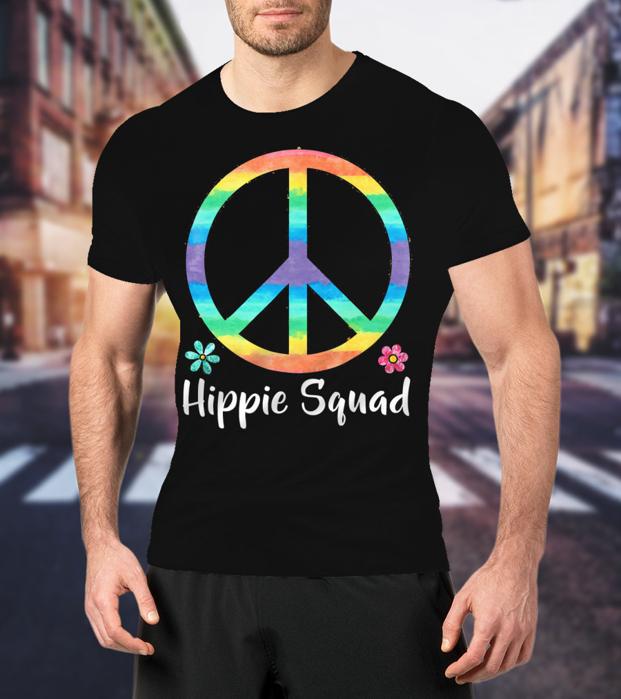 Rainbow Peace Sign Hippie Squad Flowers T-Shirt