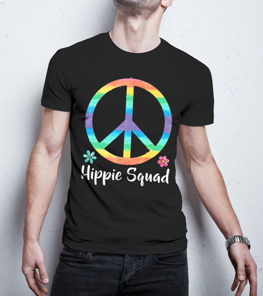 Rainbow Peace Sign Hippie Squad Flowers T-Shirt