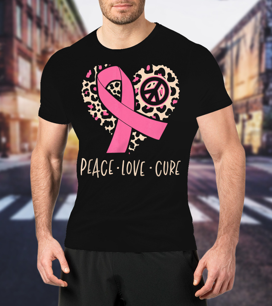 Peace Love Cure Pink Ribbon Leopard Breast Cancer Awareness T-Shirt
