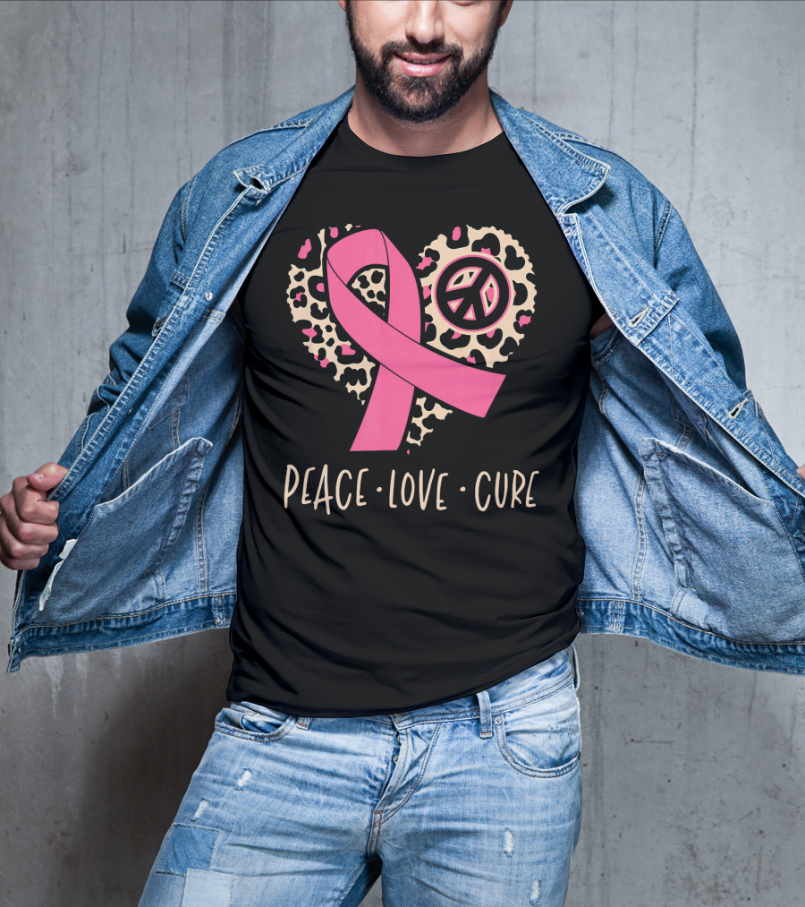 Peace Love Cure Pink Ribbon Leopard Breast Cancer Awareness T-Shirt