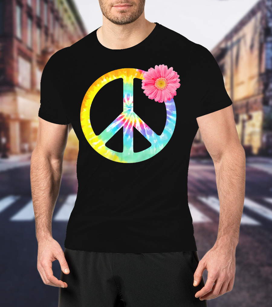 Boho Tie Dye Peace Sign With Pink Flower T-Shirt
