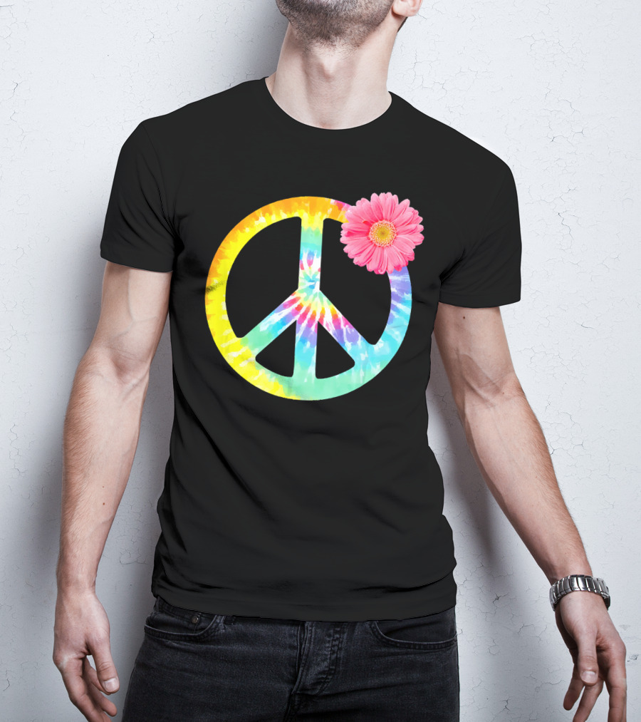 Boho Tie Dye Peace Sign With Pink Flower T-Shirt
