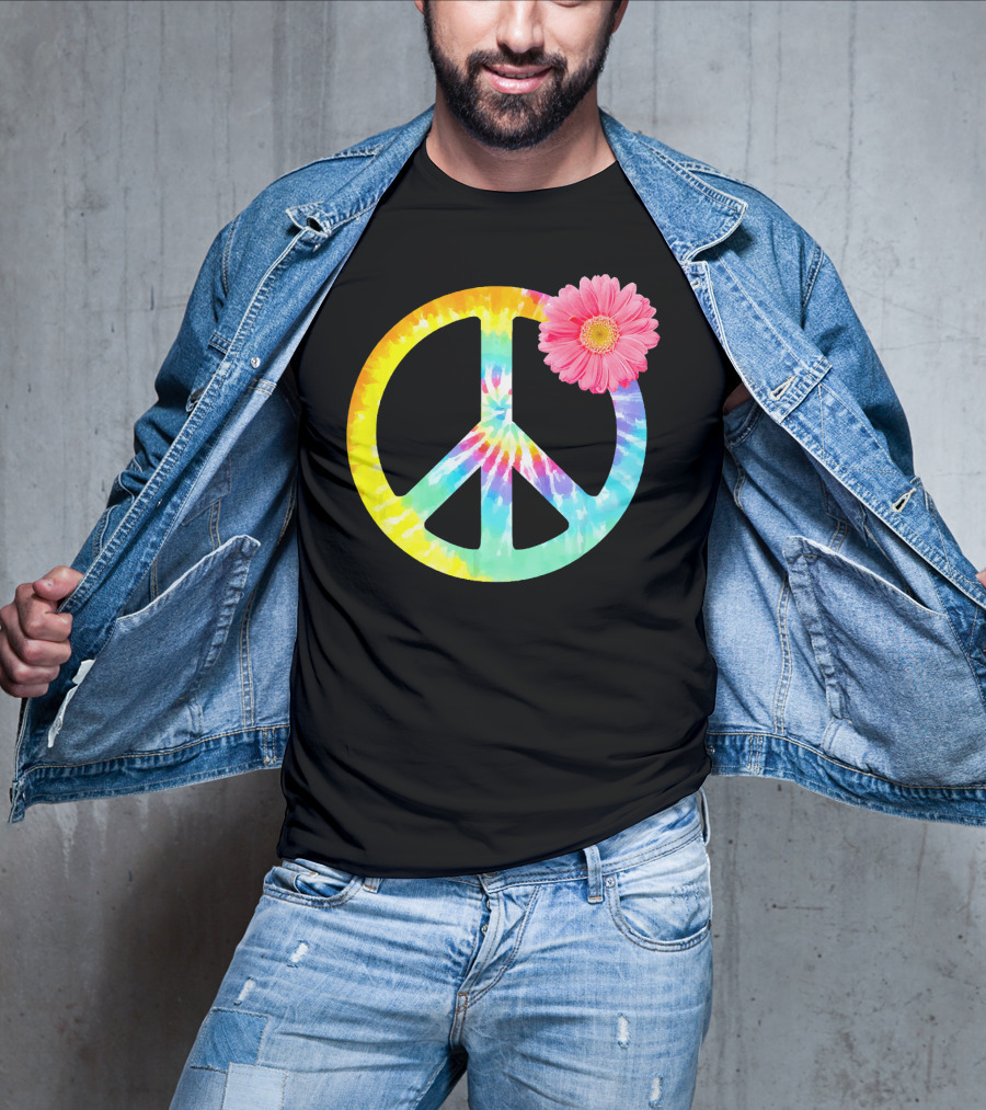 Boho Tie Dye Peace Sign With Pink Flower T-Shirt
