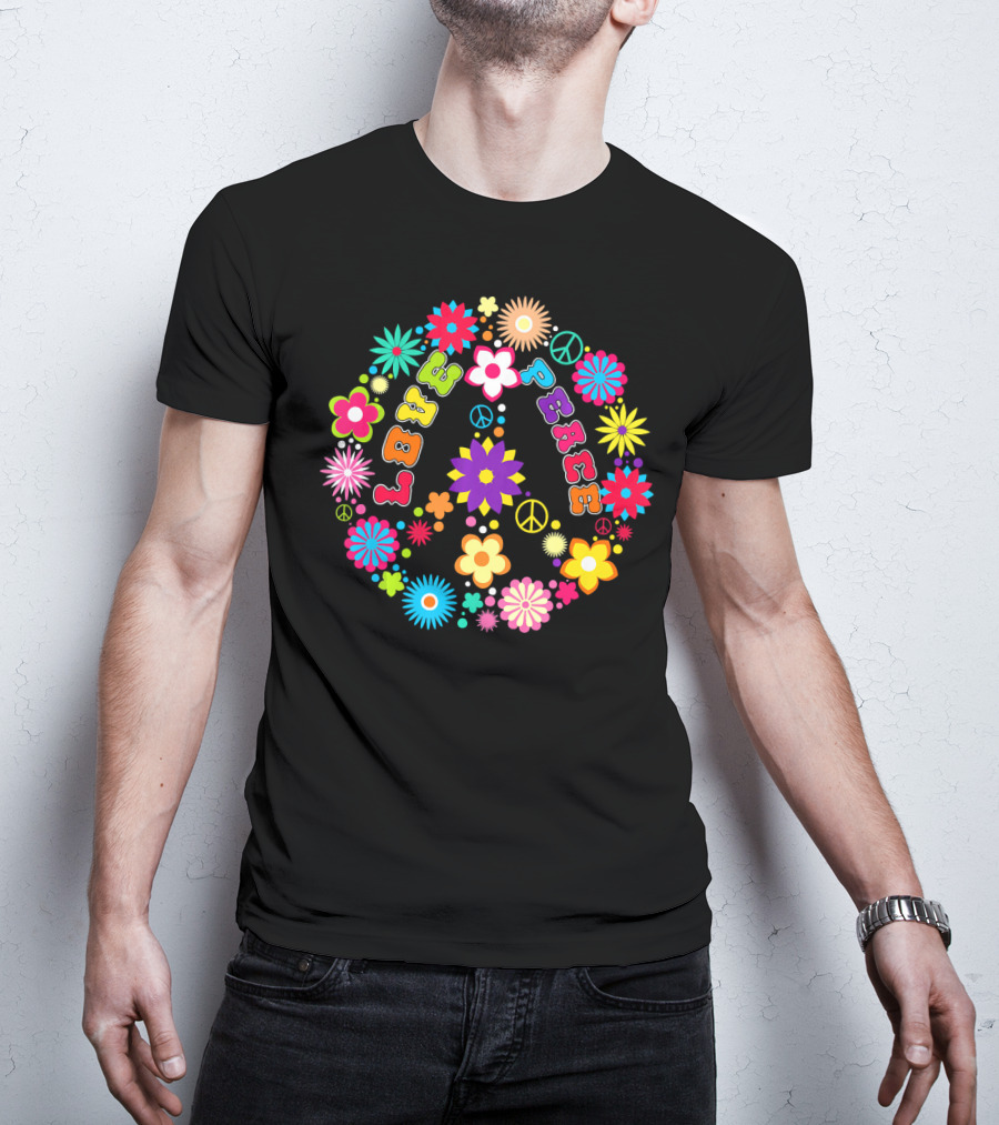 Peace Love Sign Hippie Flowers 60s 70s Groovy Floral Vibes T-Shirt