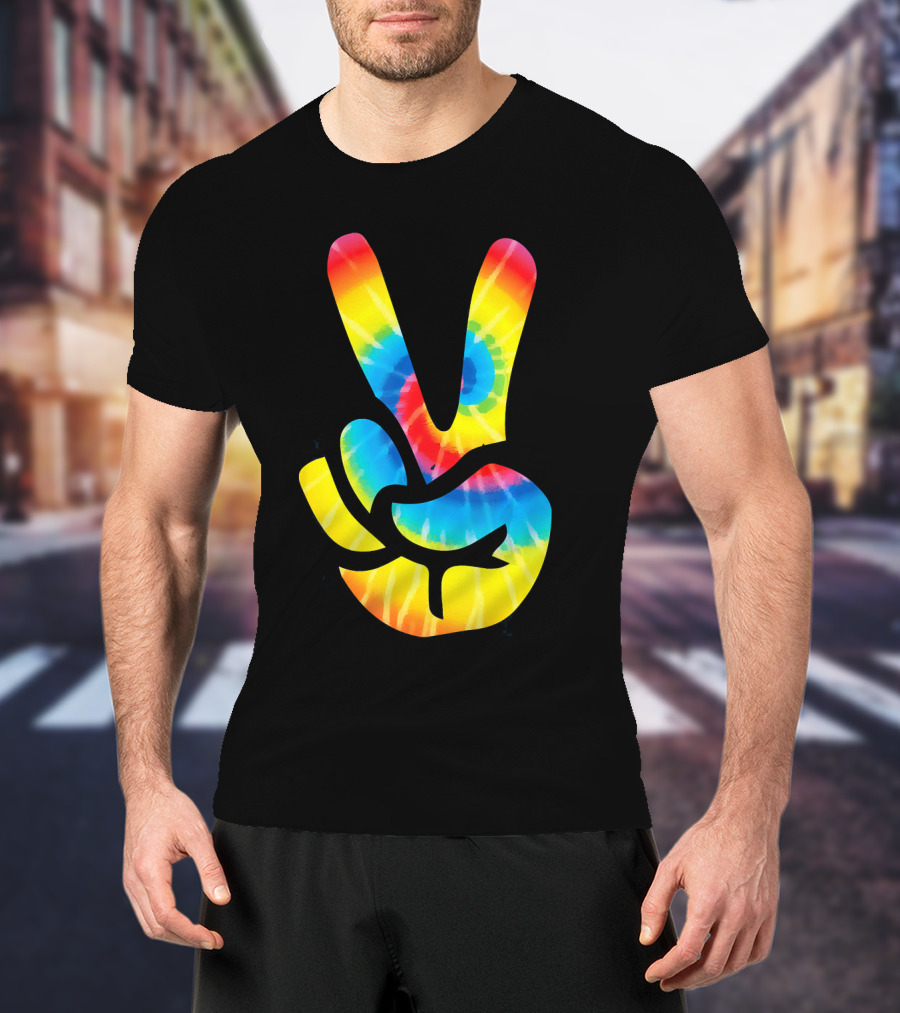 Tie Dye Peace Sign Hand V Symbol Rainbow Psychedelic T-Shirt