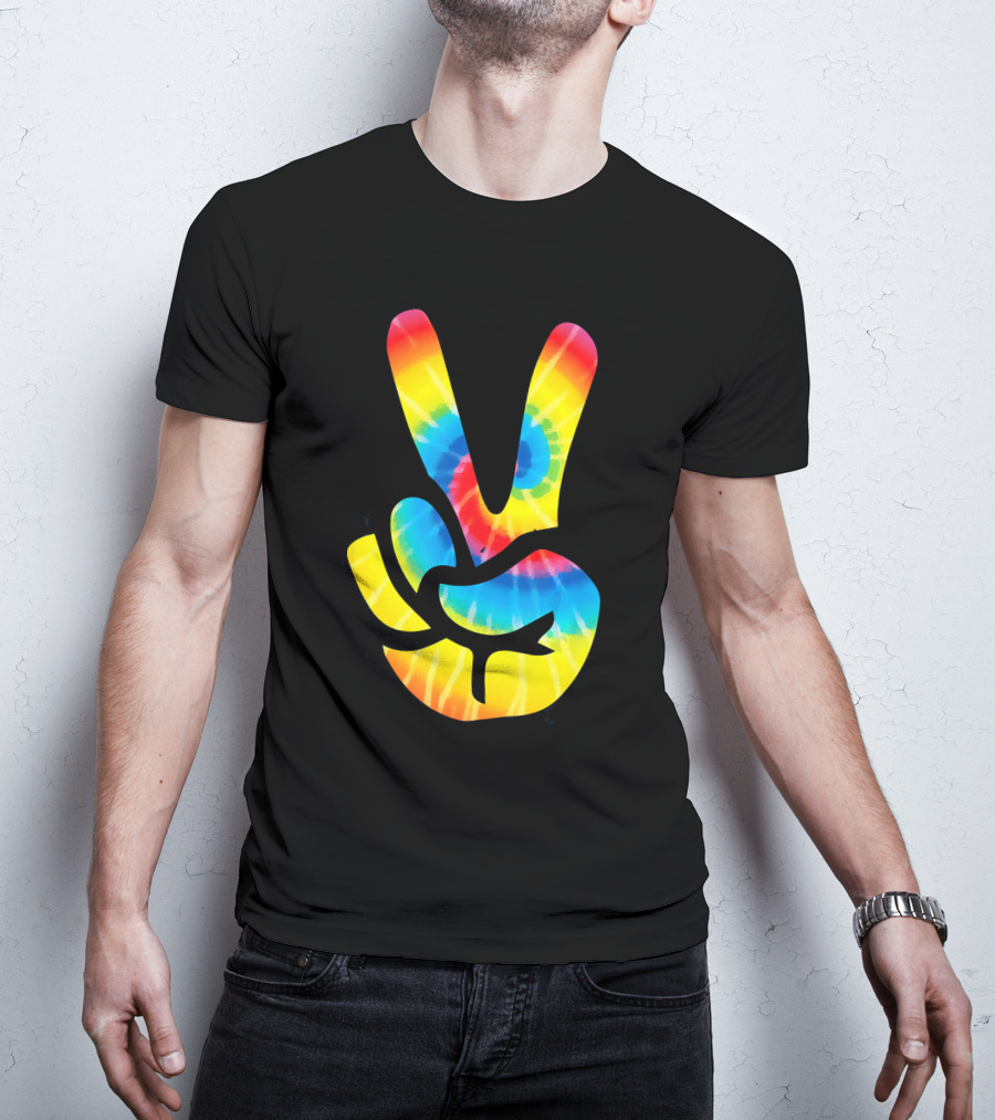 Tie Dye Peace Sign Hand V Symbol Rainbow Psychedelic T-Shirt
