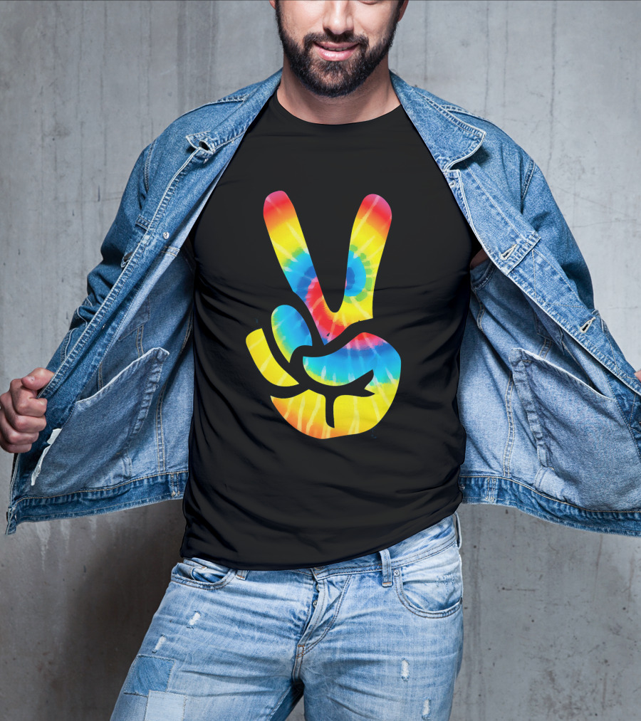 Tie Dye Peace Sign Hand V Symbol Rainbow Psychedelic T-Shirt