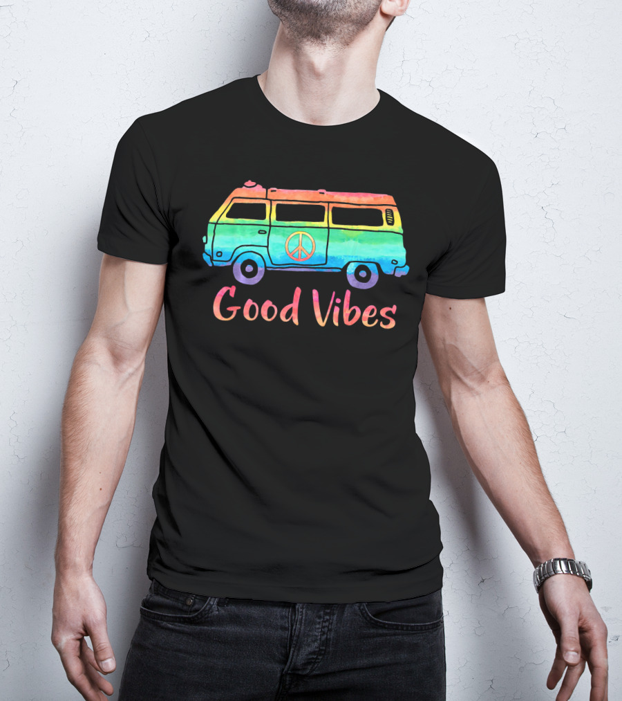 Good Vibes Vintage Hippie Bus Rainbow Van Peace T-Shirt