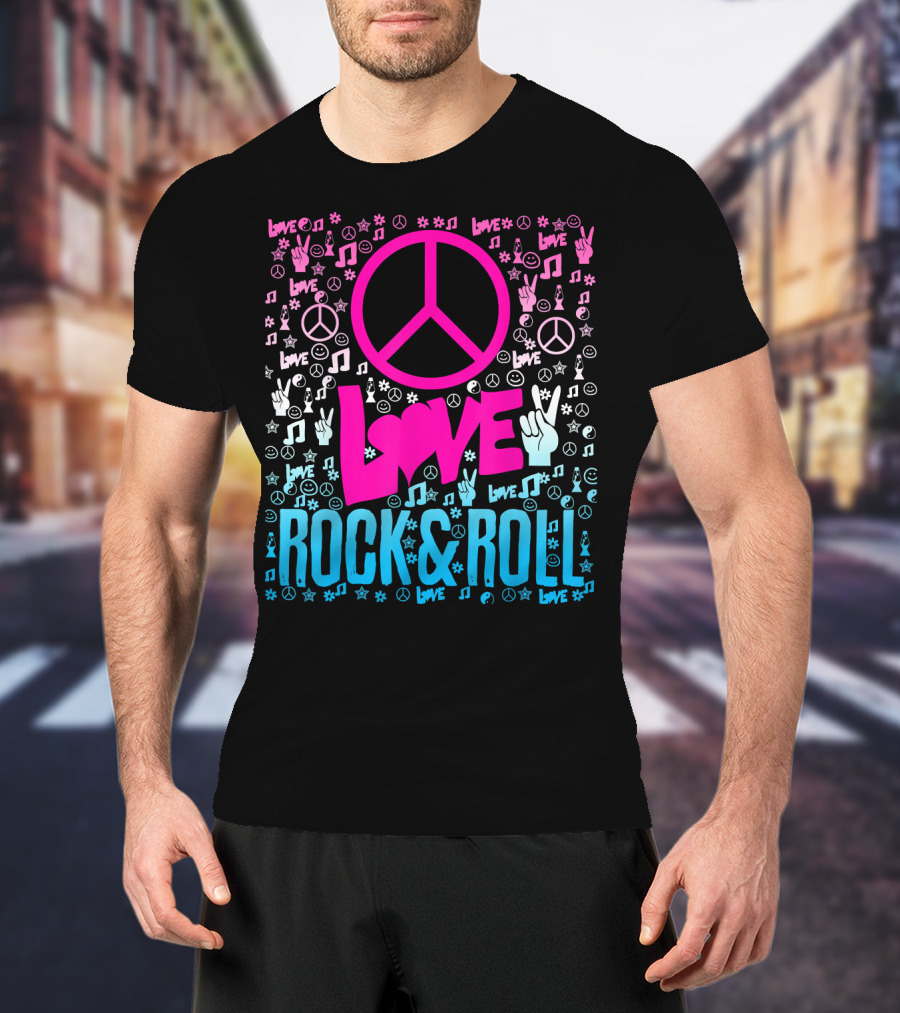 Peace Love Rock And Roll Music Icons And Hippie Symbols T-Shirt