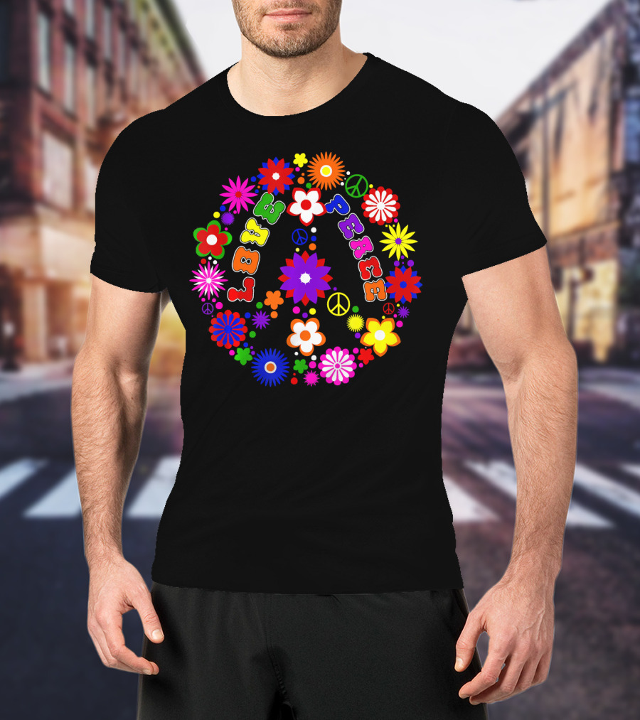 Love Peace Sign Retro Flowers Hippie Col Colorful Groovy T-Shirt