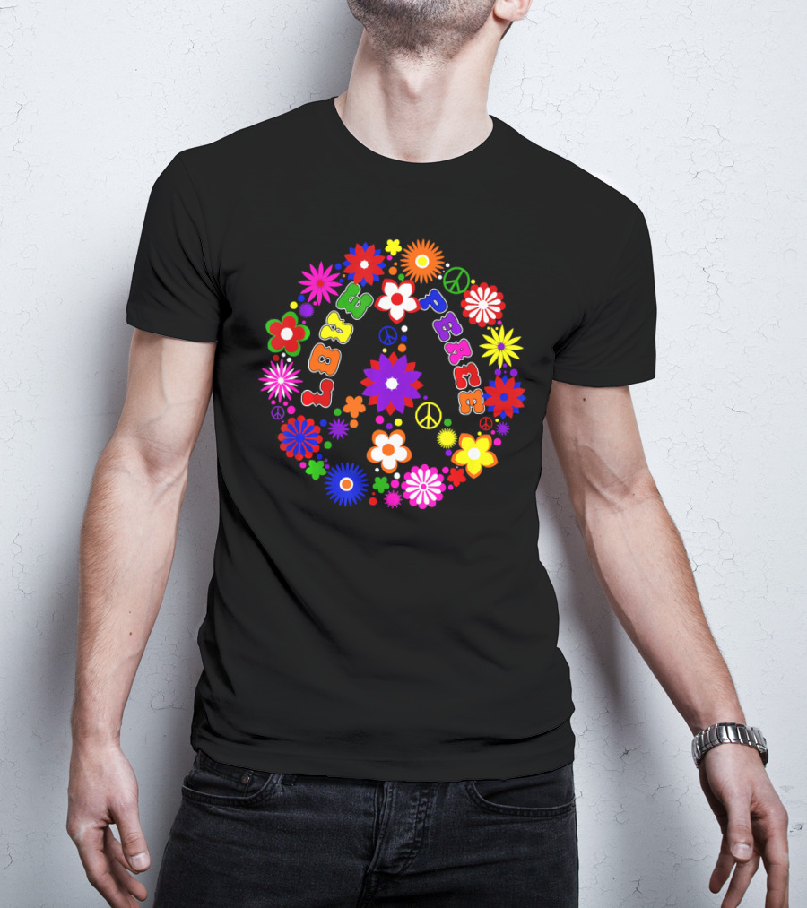 Love Peace Sign Retro Flowers Hippie Col Colorful Groovy T-Shirt