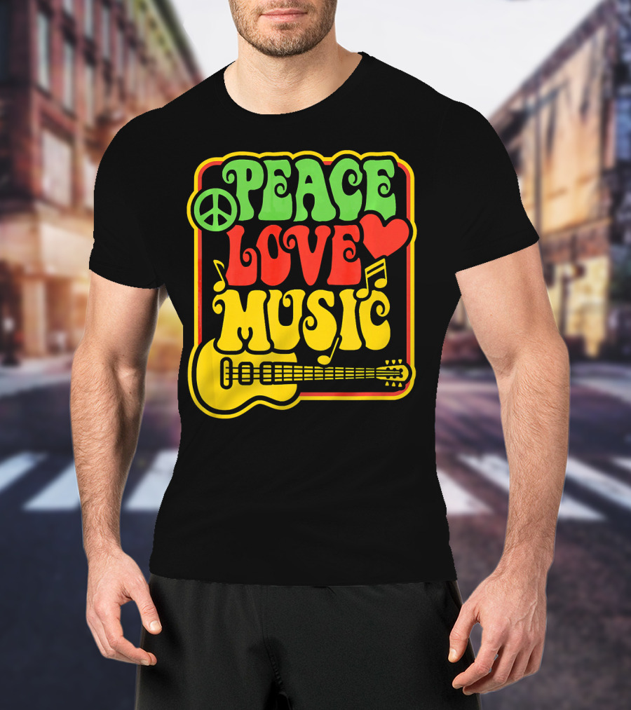 PEACE LOVE MUSIC Rock And Roll Reggae Guitar T-Shirt