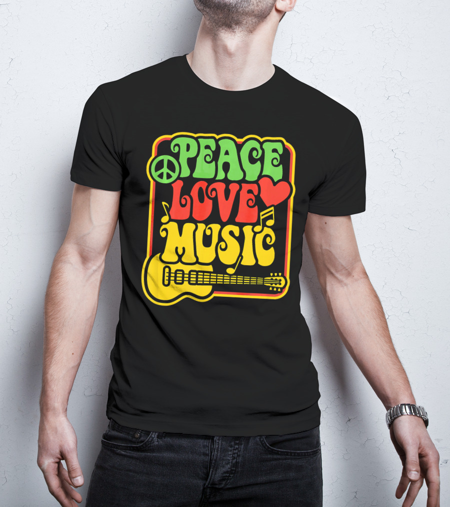 PEACE LOVE MUSIC Rock And Roll Reggae Guitar T-Shirt
