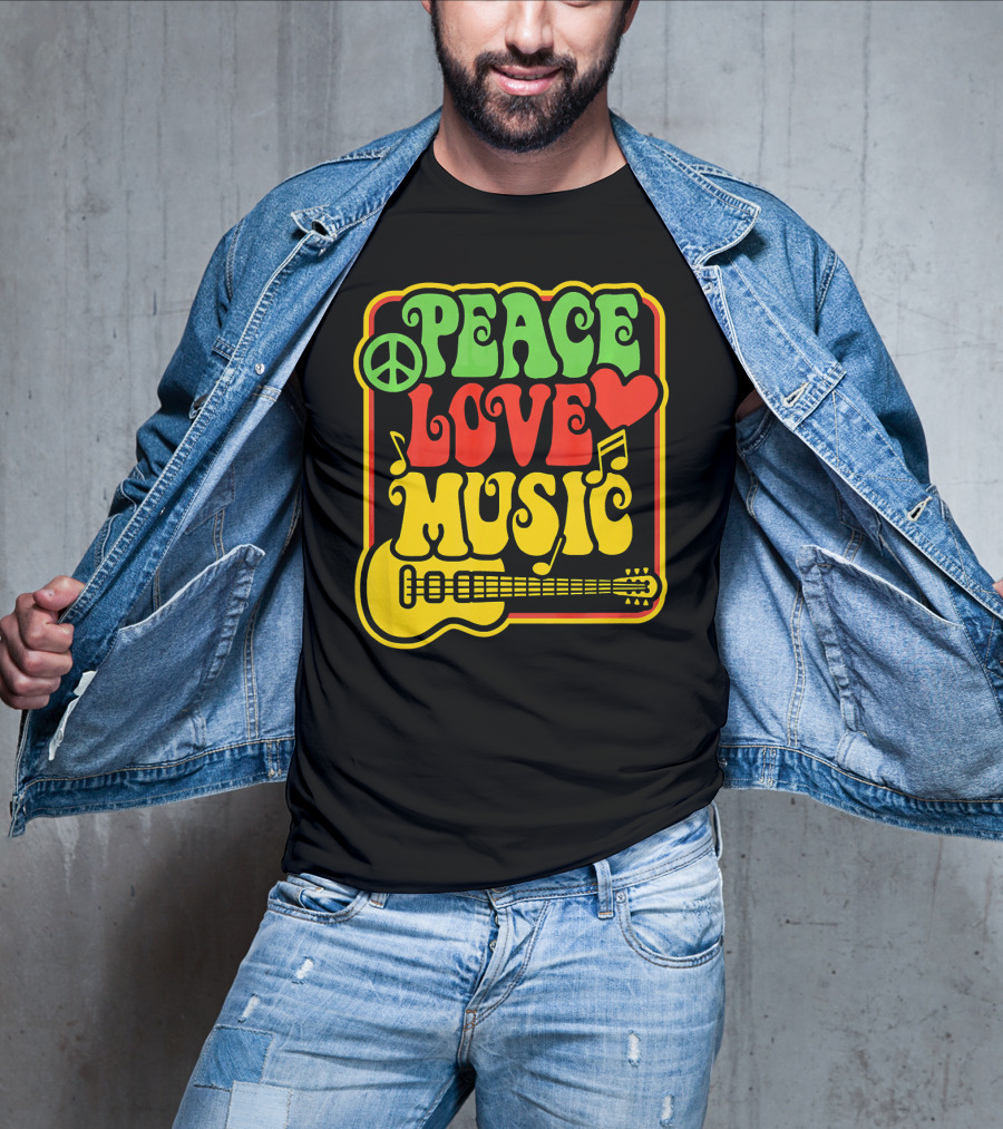 PEACE LOVE MUSIC Rock And Roll Reggae Guitar T-Shirt
