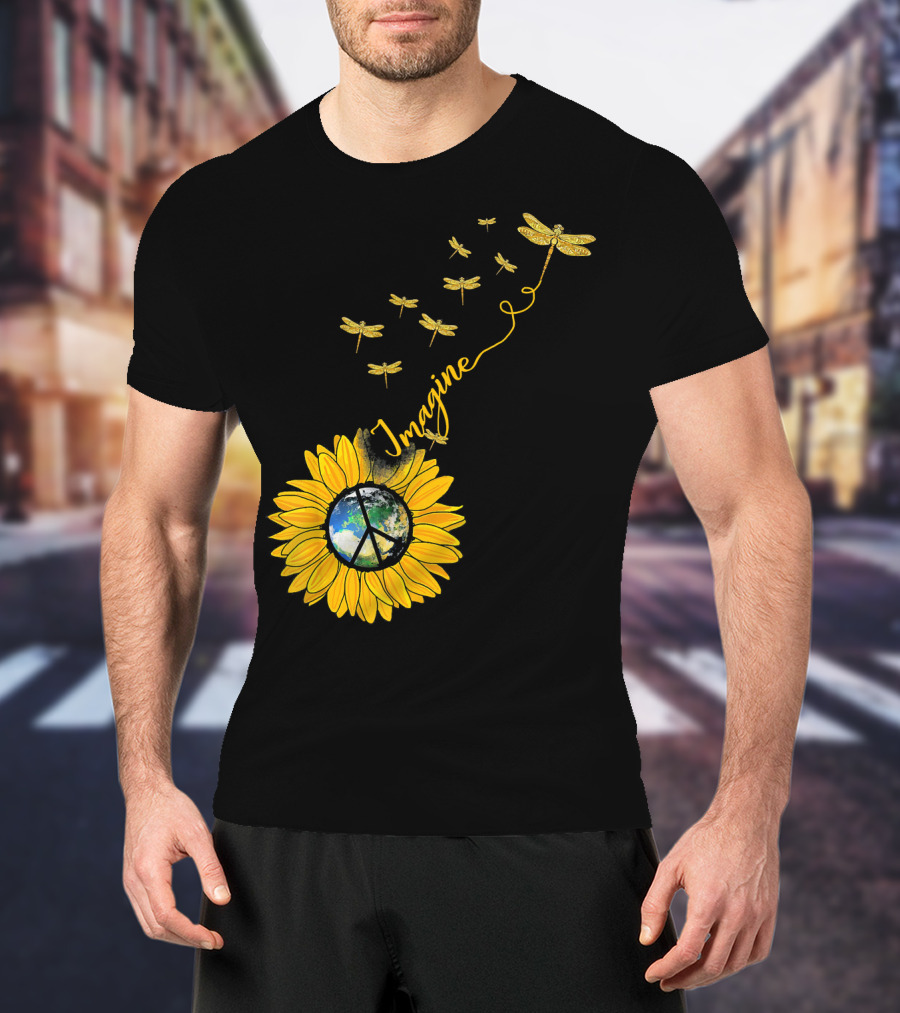 Imagine Peace Earth Sunflower Dragonflies T-Shirt