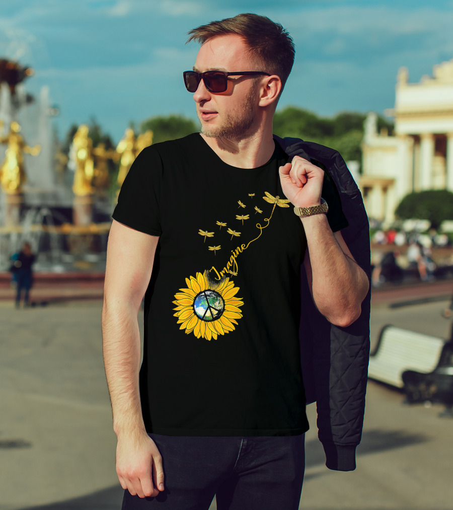 Imagine Peace Earth Sunflower Dragonflies T-Shirt