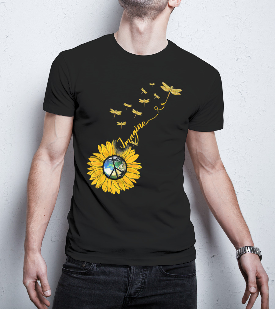 Imagine Peace Earth Sunflower Dragonflies T-Shirt