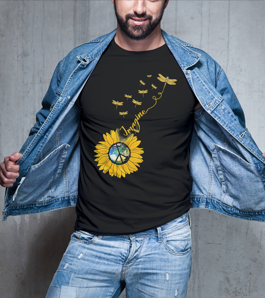 Imagine Peace Earth Sunflower Dragonflies T-Shirt