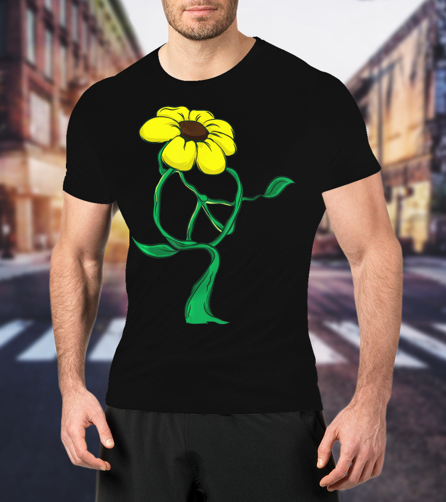 Hippie Yellow Flower Peace Sign Stem Green Leaves T-Shirt