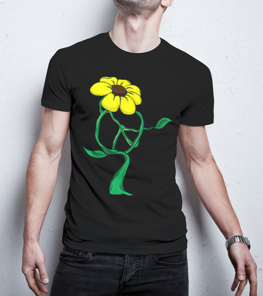Hippie Yellow Flower Peace Sign Stem Green Leaves T-Shirt