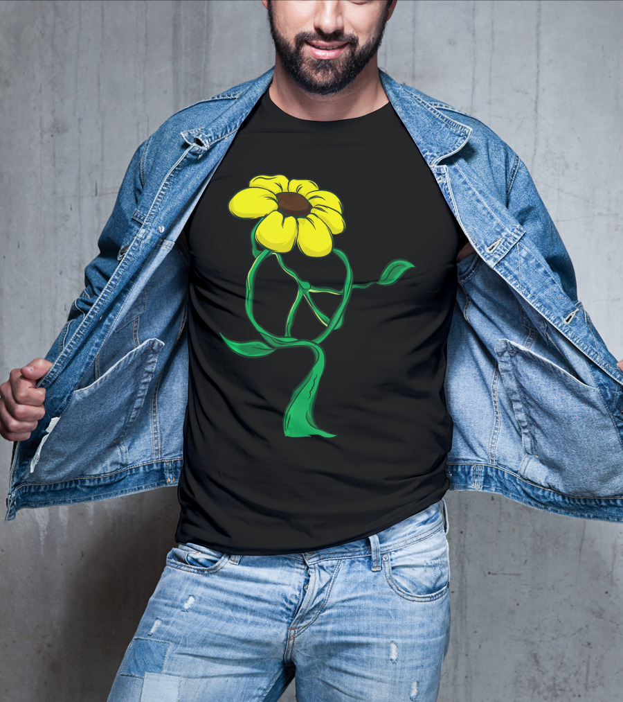 Hippie Yellow Flower Peace Sign Stem Green Leaves T-Shirt