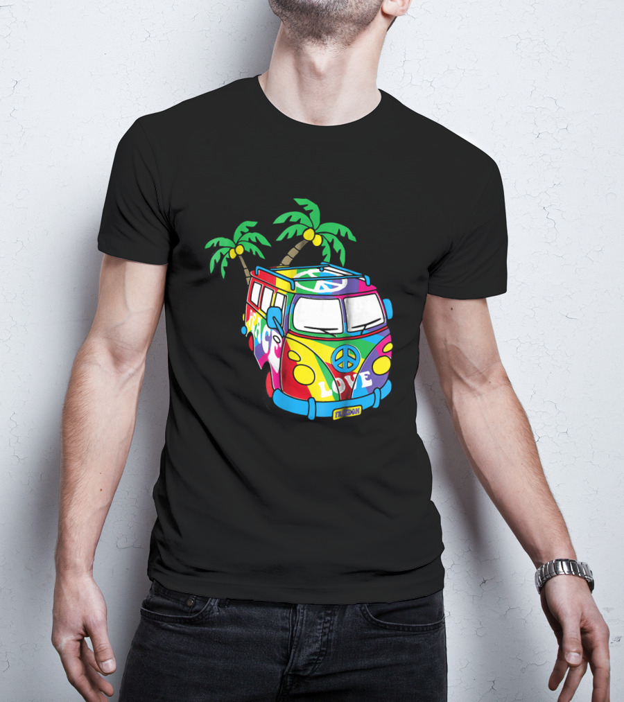 Peace Love Symbol Groovy Retro 60s Hippie Van Palm Trees Psychedelic T-Shirt