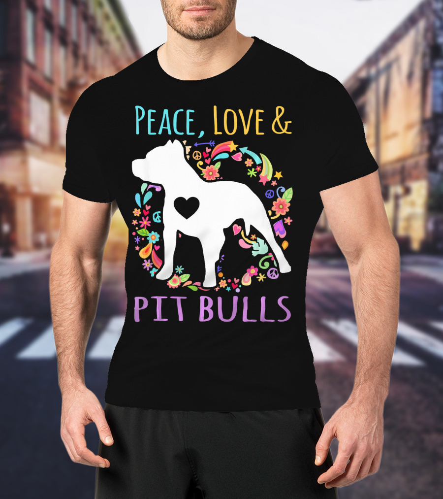 Peace Love And Pit Bulls Colorful Floral Heart Dog T-Shirt