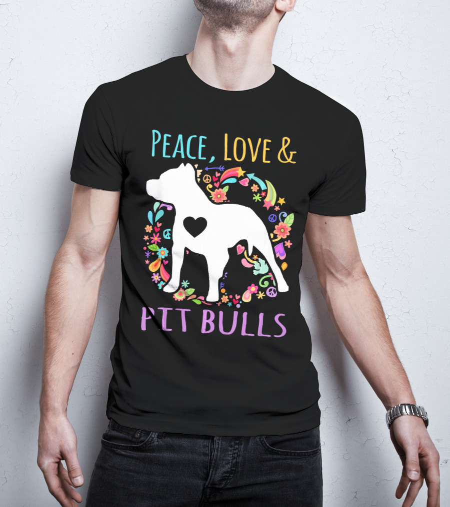 Peace Love And Pit Bulls Colorful Floral Heart Dog T-Shirt