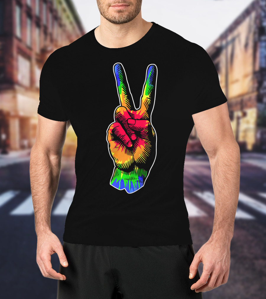 Tye Dye Peace Sign Rainbow Hand Gesture T-Shirt