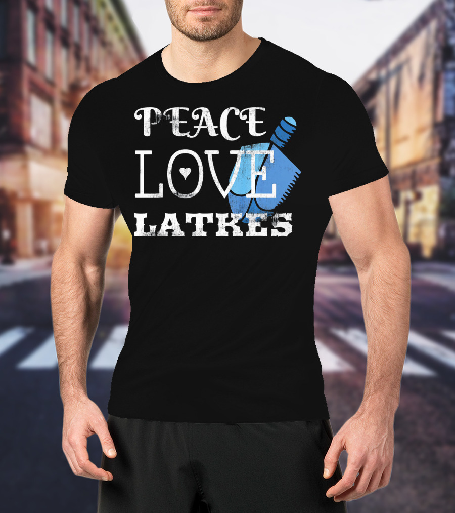 Peace Love Latkes Blue Dreidel T-Shirt