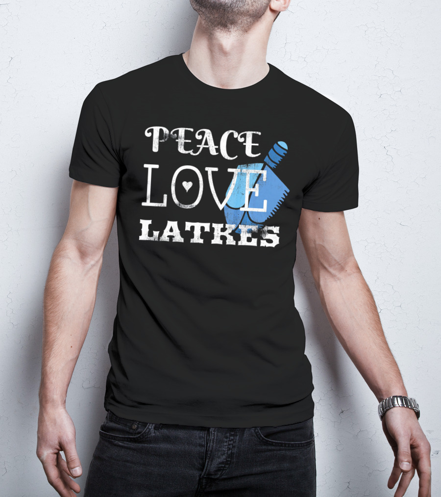 Peace Love Latkes Blue Dreidel T-Shirt