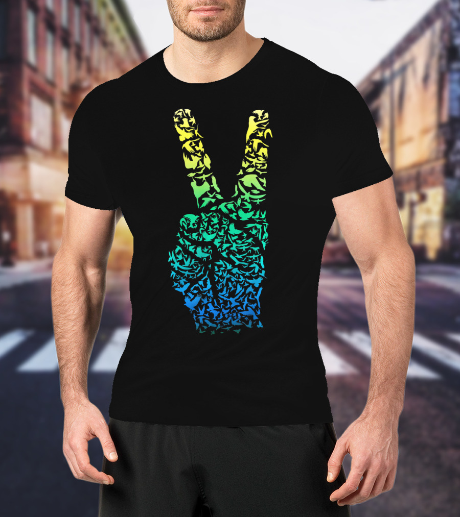 Colorful Birds Peace Hand Sign ASL Finger La T-Shirt