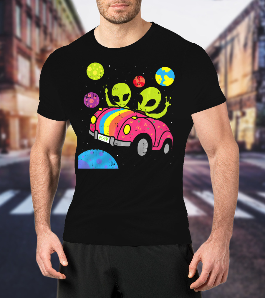 Hippie Alien Space Roadtrip With Peaceful Car And Colorful Planets T-Shirt