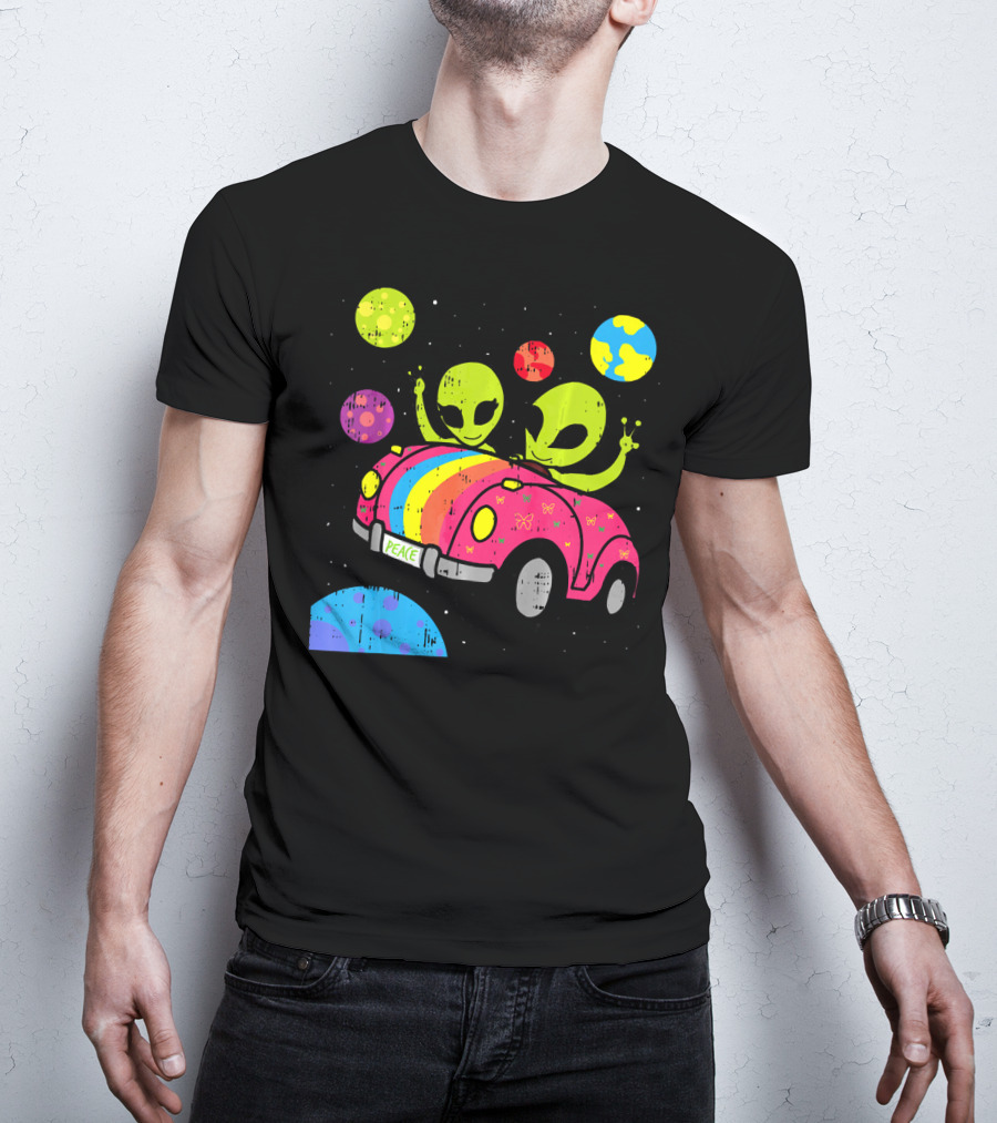 Hippie Alien Space Roadtrip With Peaceful Car And Colorful Planets T-Shirt