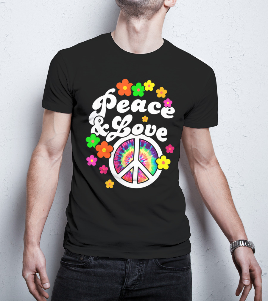 Peace Love Tie Dye Peace Sign With Colorful Flowers T-Shirt