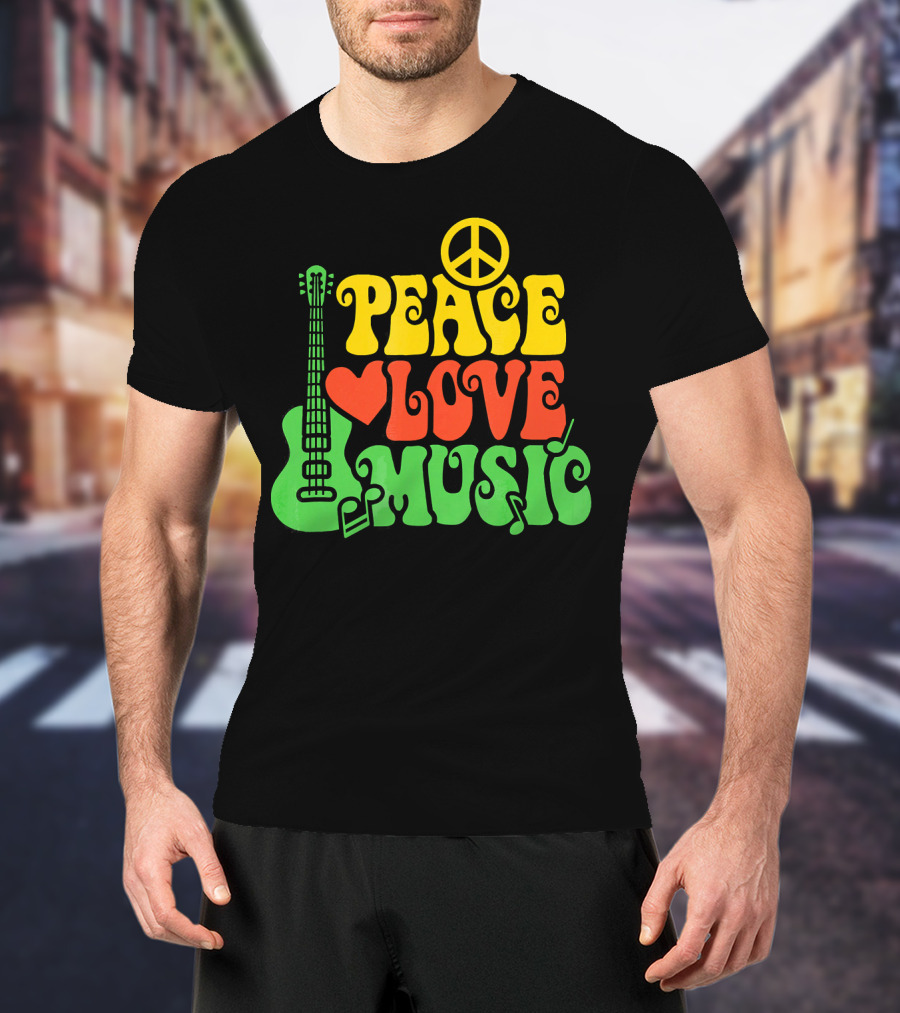 PEACE LOVE MUSIC Reggae Guitar Peace Symbol Heart Notes T-Shirt