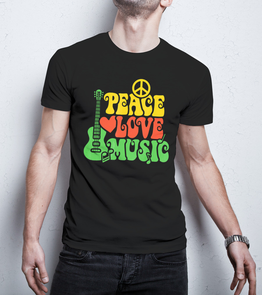 PEACE LOVE MUSIC Reggae Guitar Peace Symbol Heart Notes T-Shirt