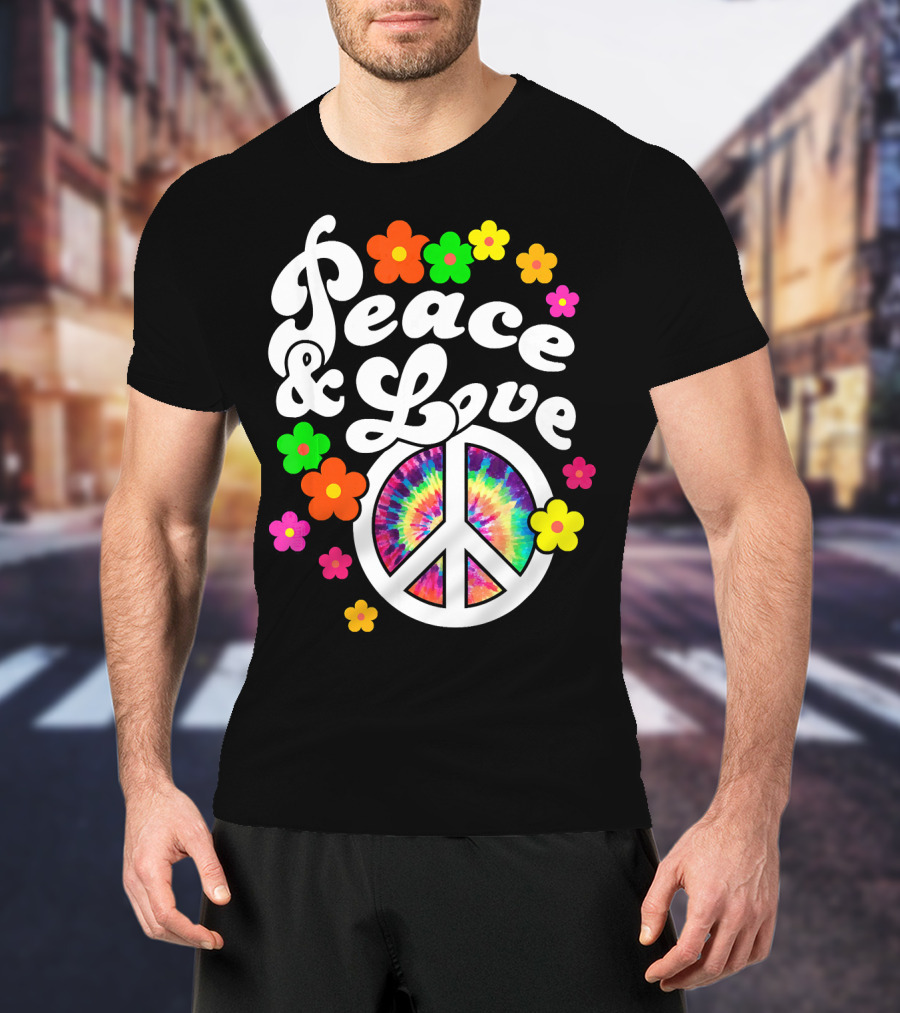 Peace And Love Hippie Sign With Colorful Flower T-Shirt