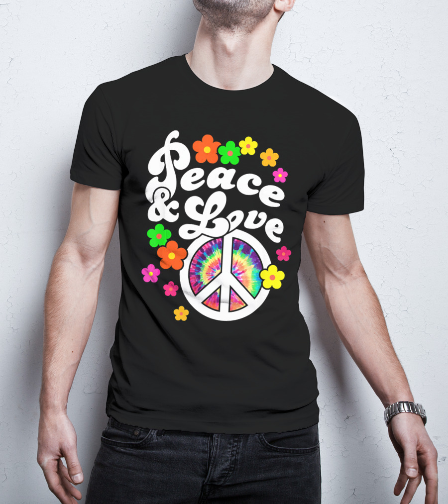 Peace And Love Hippie Sign With Colorful Flower T-Shirt