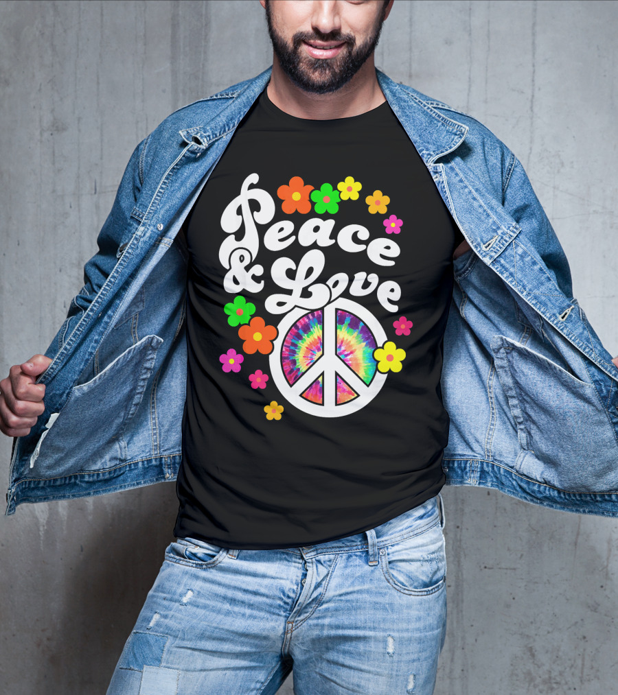 Peace And Love Hippie Sign With Colorful Flower T-Shirt