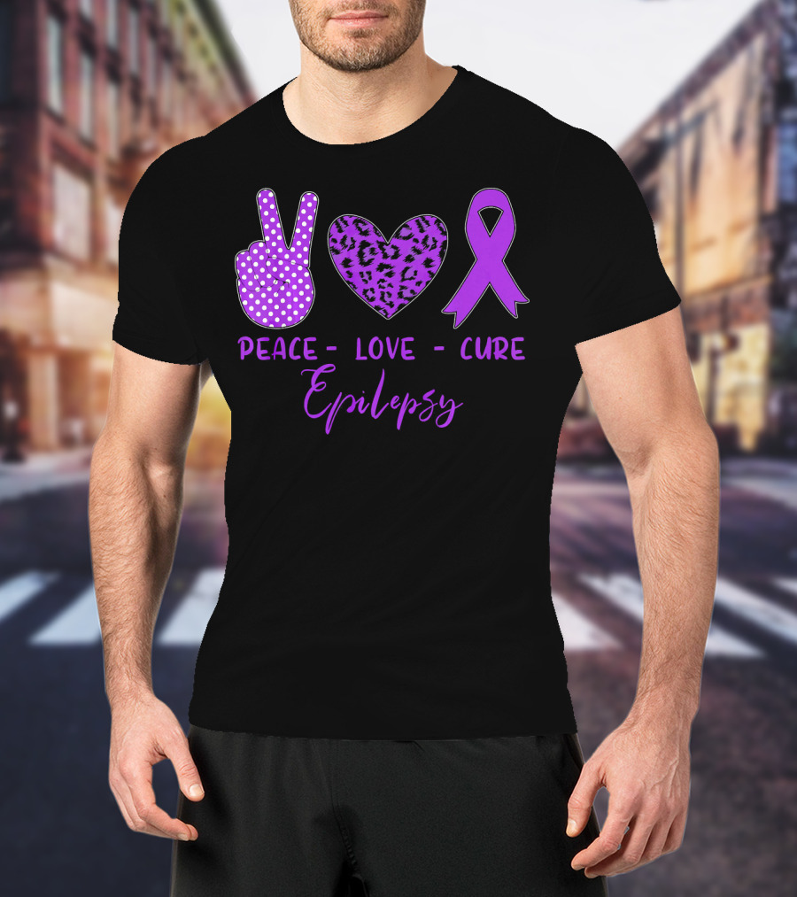Peace Love Cure Epilepsy Purple Ribbon Polka Dot Leopard Print T-Shirt