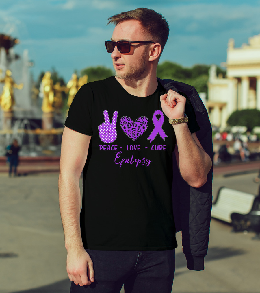Peace Love Cure Epilepsy Purple Ribbon Polka Dot Leopard Print T-Shirt