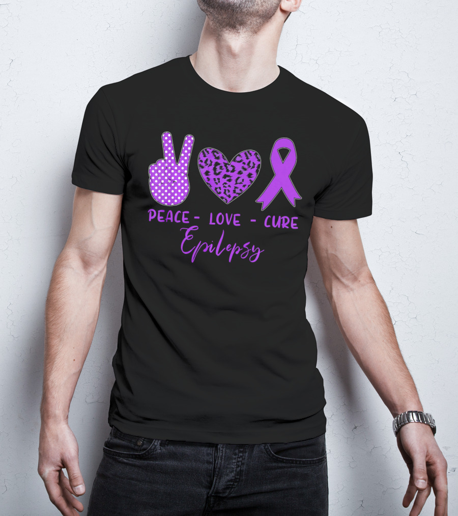 Peace Love Cure Epilepsy Purple Ribbon Polka Dot Leopard Print T-Shirt